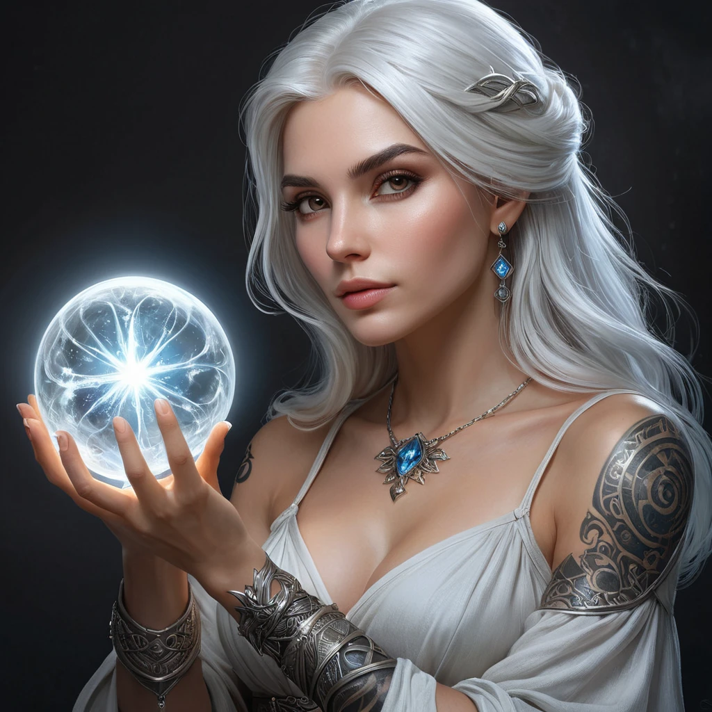 A fantasy portrait of a sorceress, inspired by the Witcher universe, with flowing white hair, intricate tattoos on her arms, and a captivating gaze, holding a glowing orb in her hand