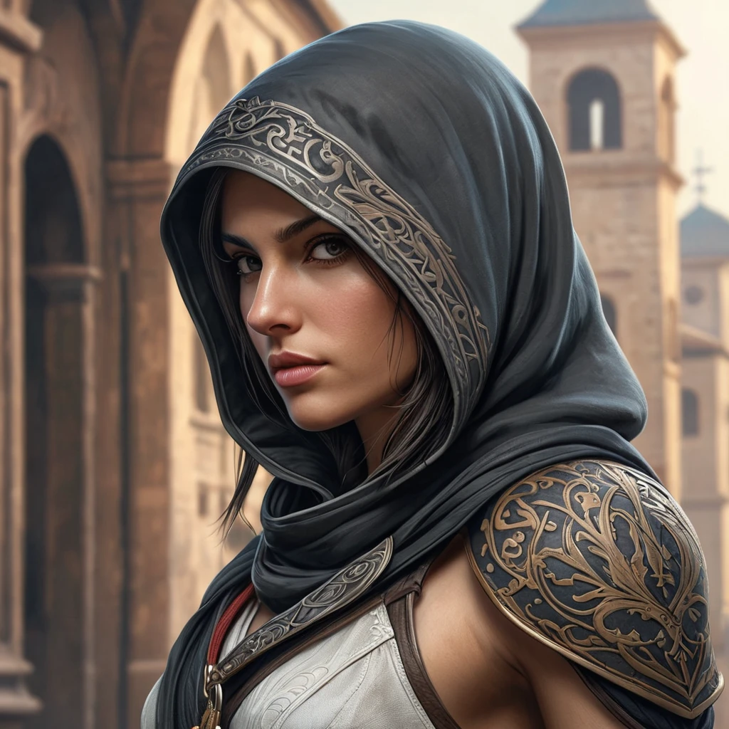 a female Assassin from the Assassin's Creed series, with intricate tattoos and a striking facial profile, rendered in a detailed, painterly style