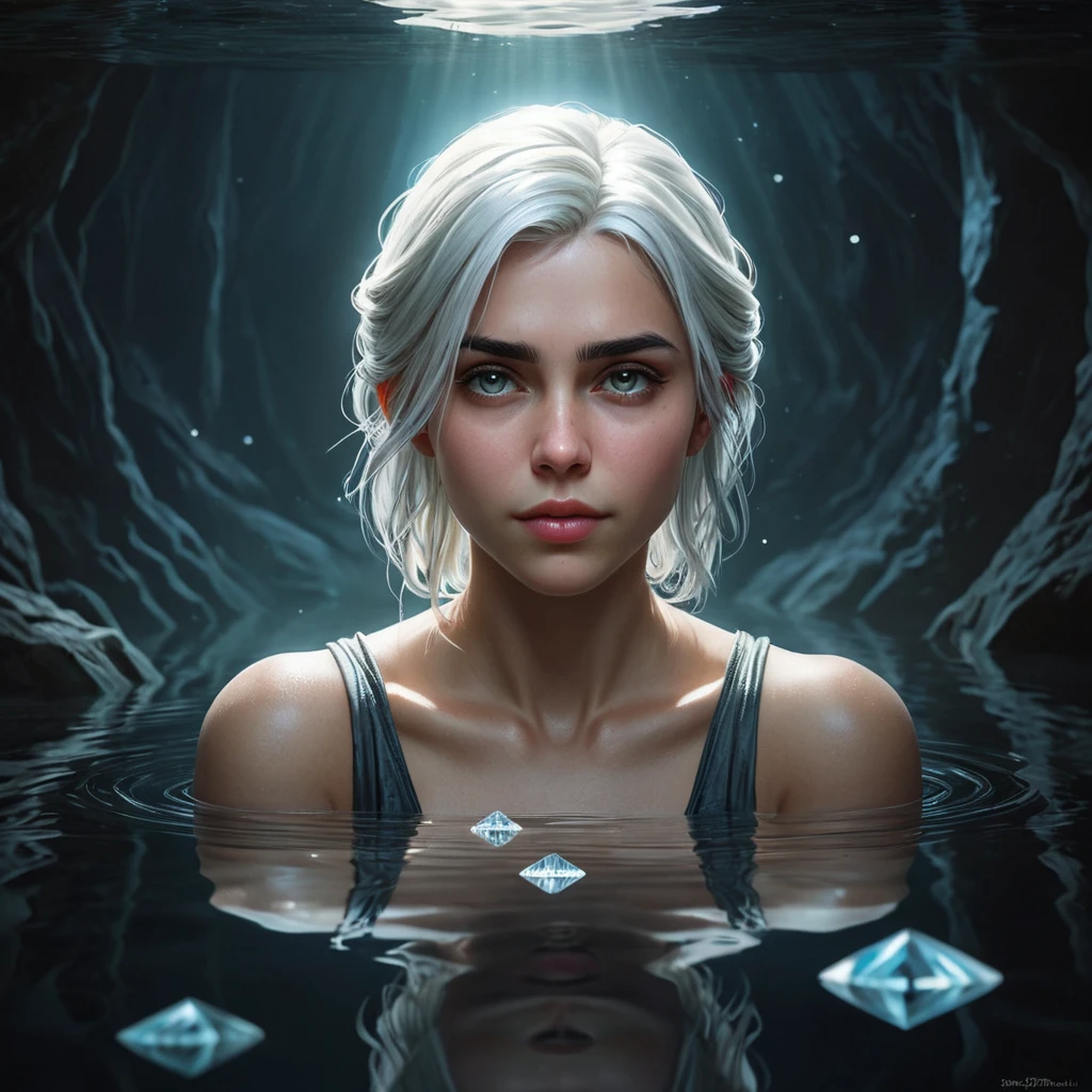 Ciri in a dark, cavernous underground lake, the water illuminated by glowing crystals, her reflection clear in the still water, her expression contemplative