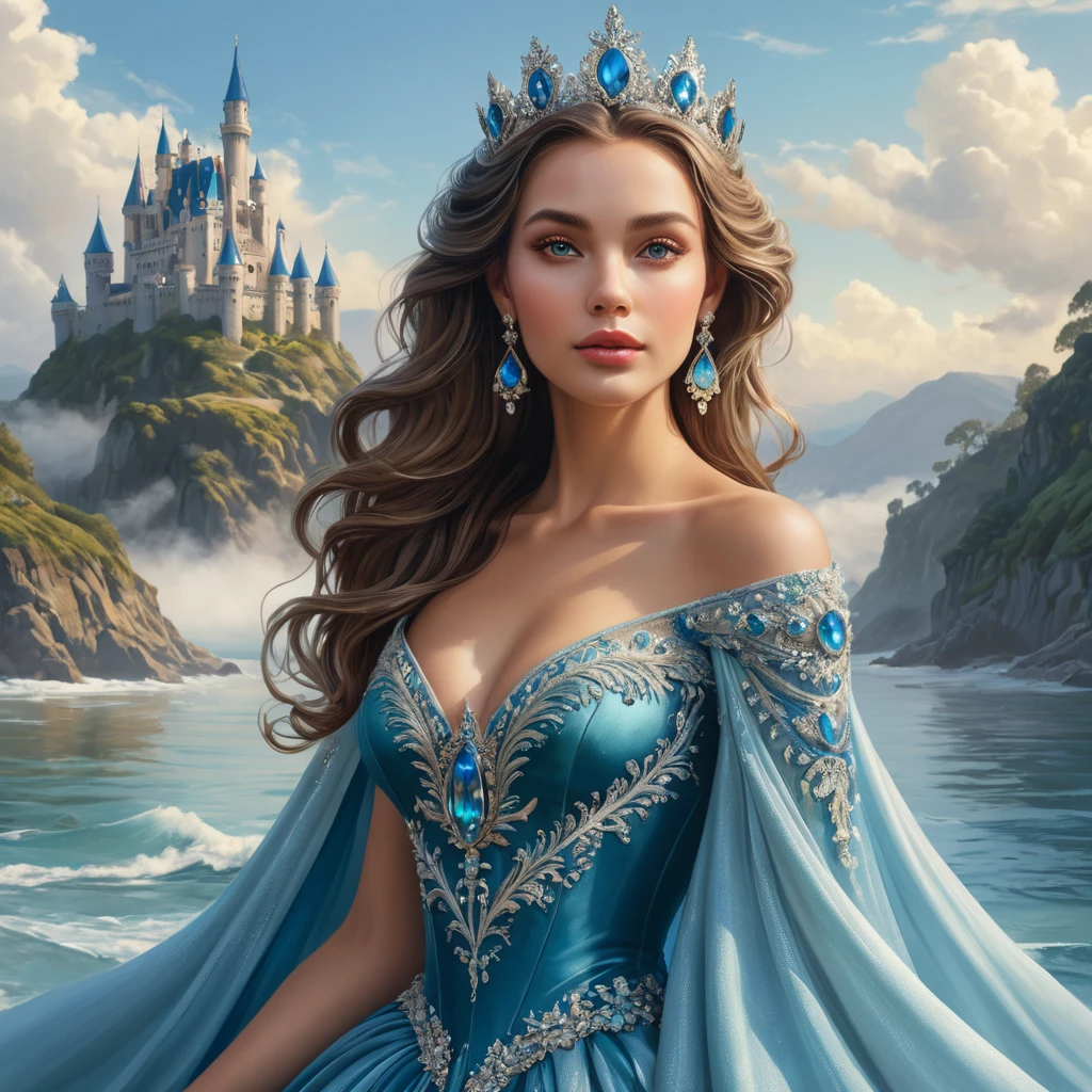 A queen with eyes that shimmer like the ocean, wearing a gown that changes colors with the tides, ruling from a castle that floats on a cloud of mist.