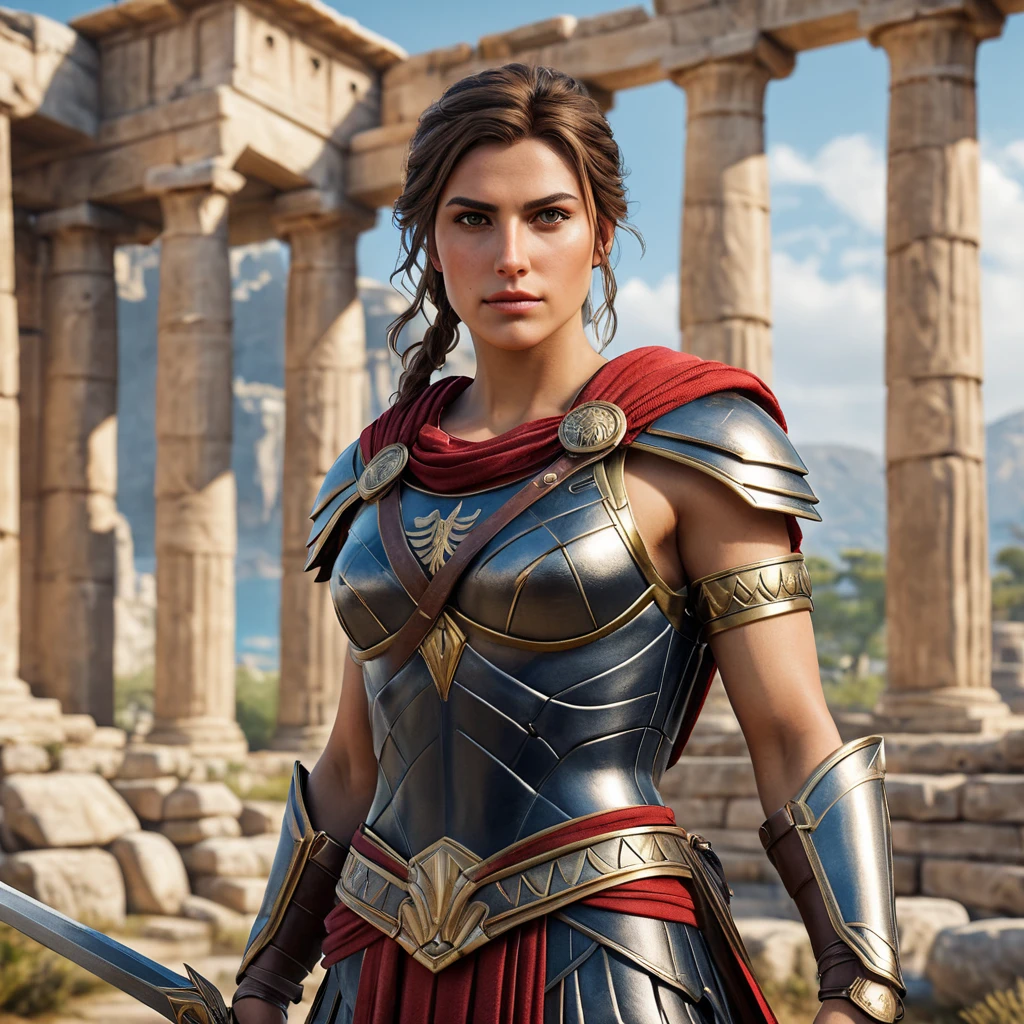 A highly detailed and realistic portrait of Kassandra from Assassin's Creed Odyssey, dressed in her iconic Spartan armor, standing against a backdrop of ancient Greek ruins, with a confident and fierce expression.