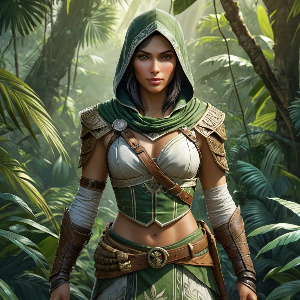 A breathtaking Assassin's Creed woman in a lush, verdant jungle environment, her attire a mix of natural camouflage and ancient tribal designs, with a hidden blade glinting in the dappled sunlight.