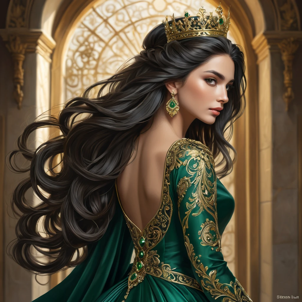 A powerful queen in a flowing gown of deep green and gold, her long dark hair cascading down her back, a crown of intricate metalwork adorning her head, her gaze commanding the respect and loyalty of all who behold her.