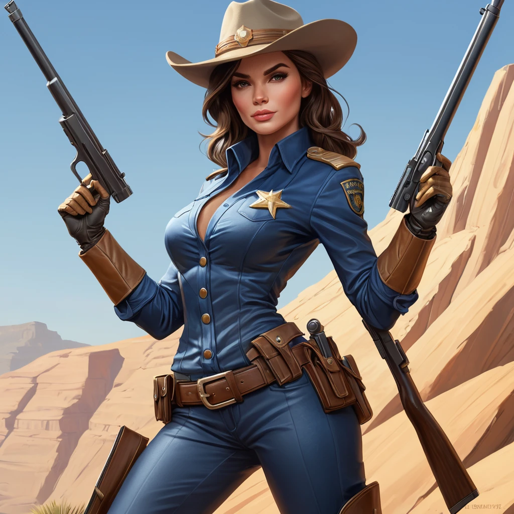 A bold and striking illustration of Caitlyn, the Sheriff of Piltover, with a confident pose and a rifle at the ready