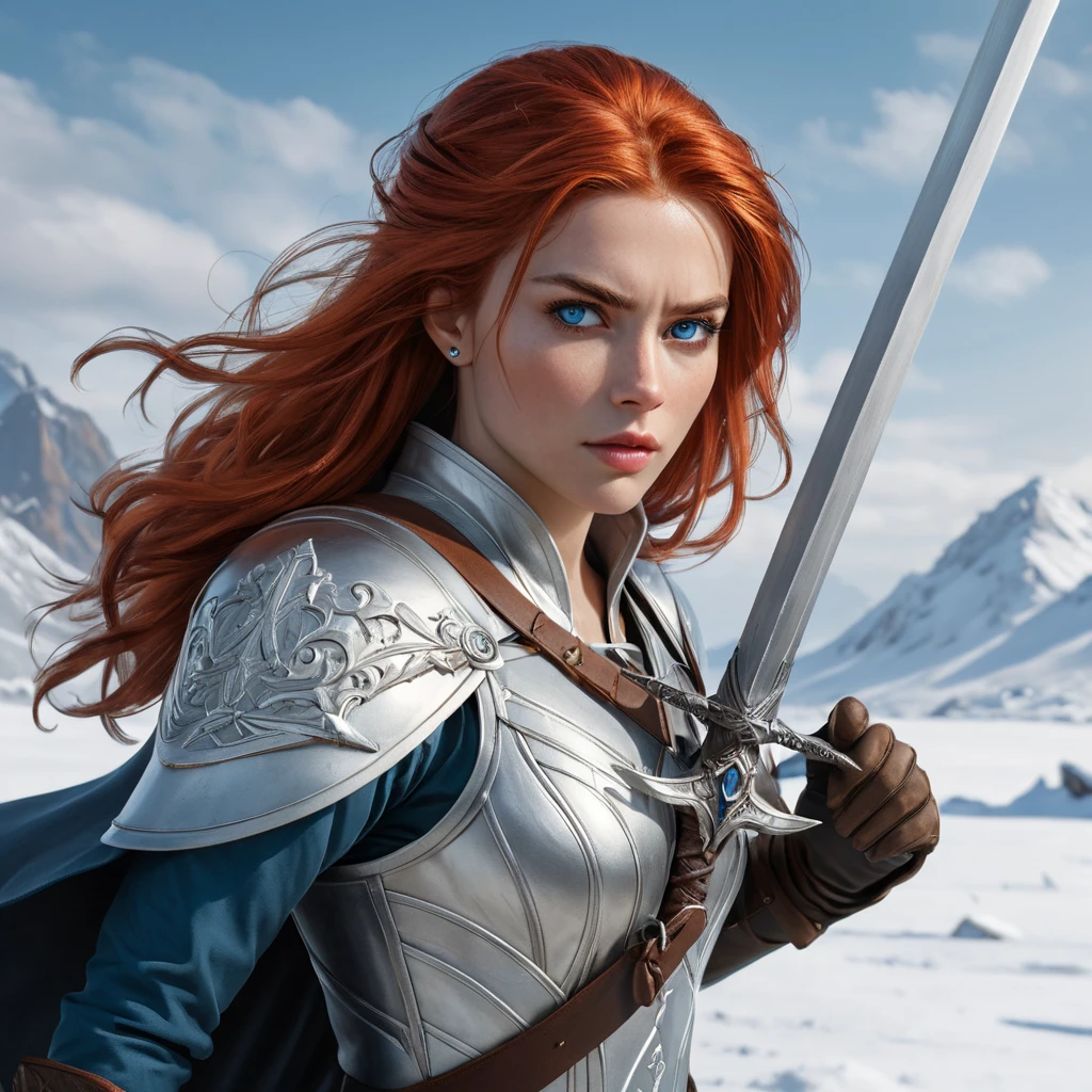 A beautiful woman, reminiscent of Ciri, with fiery red hair and piercing blue eyes, wielding a silver sword, her expression fierce and determined, standing on a snow-covered battlefield