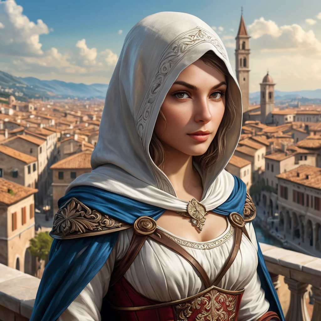 A stunningly beautiful woman from Assassin's Creed, rendered in the style of a Renaissance painting, with intricate details of her assassin outfit and a background of a bustling Italian city during the 15th century.