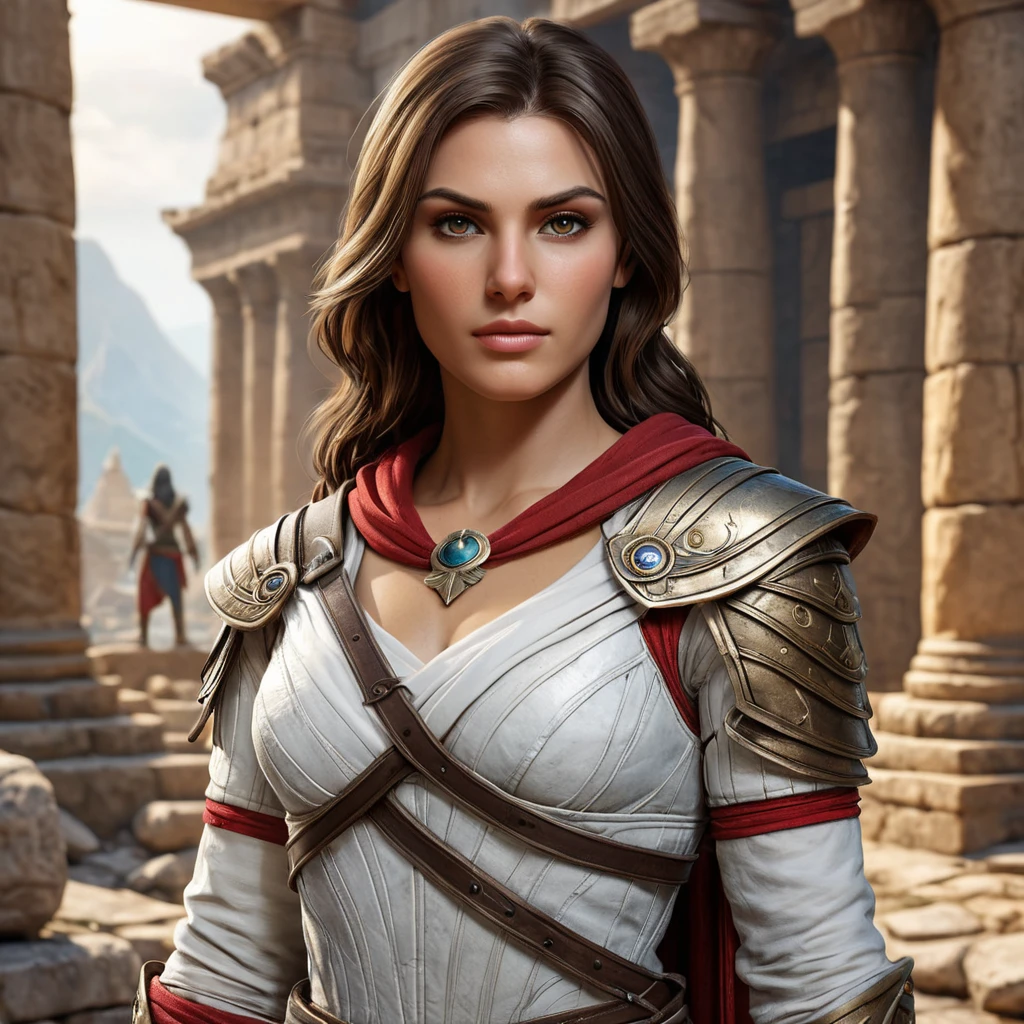 Kassandra, the enigmatic protagonist of Assassin's Creed, standing amidst the ruins of an ancient temple, her gaze fixed on a mysterious artifact hidden within.