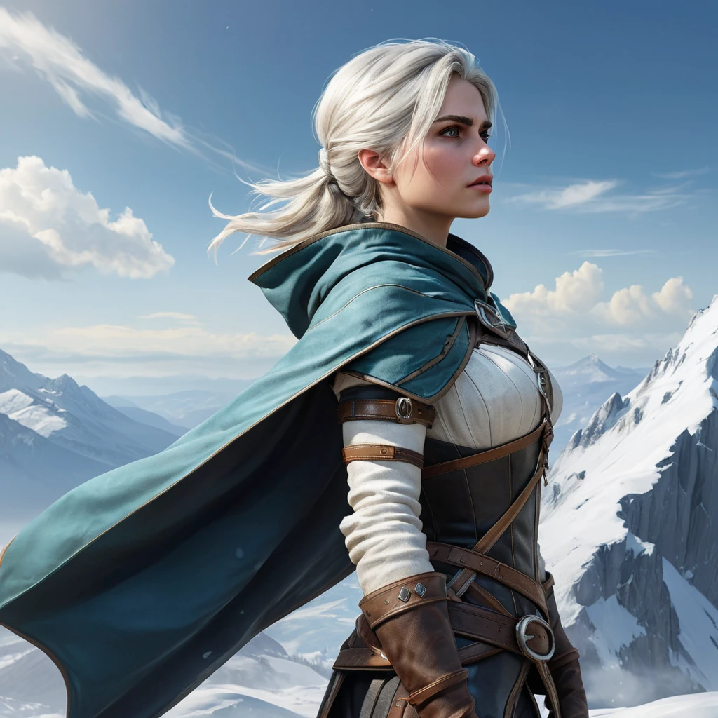 Ciri from The Witcher 3 standing atop a snowy mountain, her cape billowing in the wind, looking out over a vast, icy landscape with a determined expression.