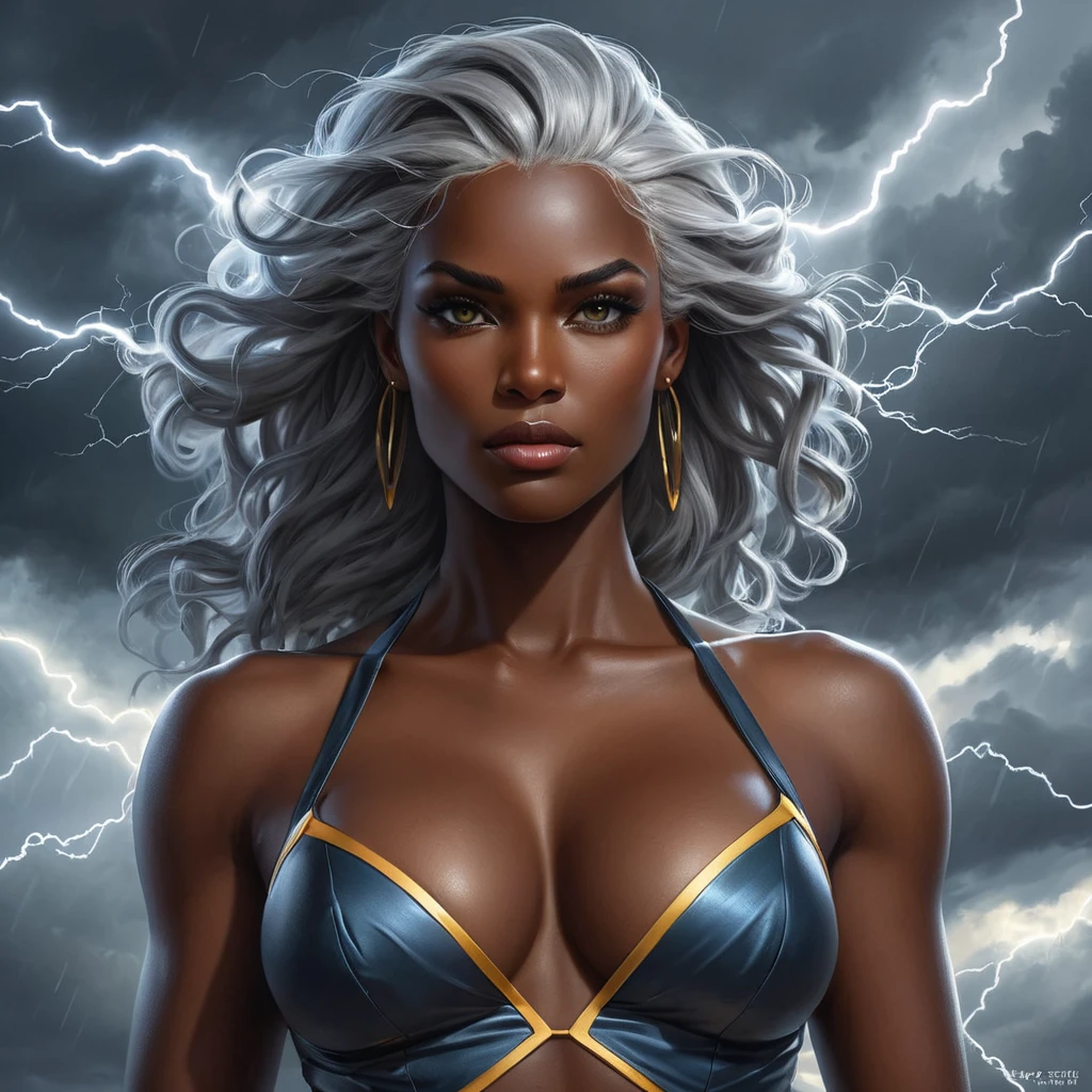 Storm with a fierce expression, her dark skin glowing with electricity, standing in a stormy sky