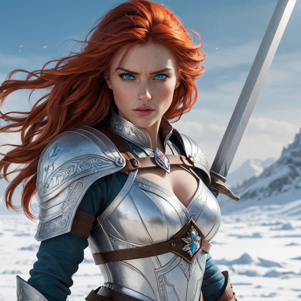 A beautiful woman, reminiscent of Ciri, with fiery red hair and piercing blue eyes, wielding a silver sword, her expression fierce and determined, standing on a snow-covered battlefield