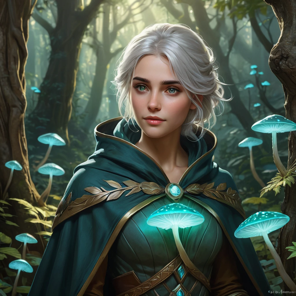 Ciri in a lush, overgrown forest, surrounded by glowing mushrooms and ancient trees, her eyes reflecting the soft bioluminescence, wearing a cloak made of leaves and twigs