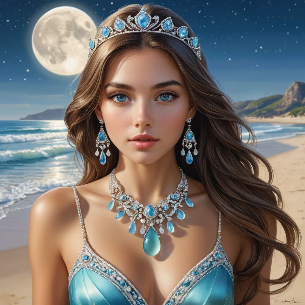 A princess with eyes as deep as the ocean, her necklace made of sea glass, walking on a beach where the sand sparkles like diamonds under a full moon.