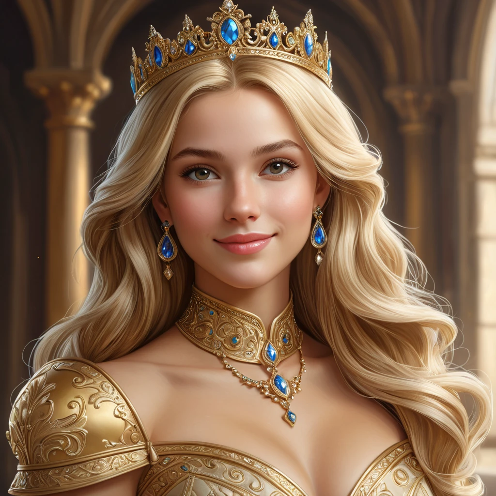 A regal, golden-haired princess, inspired by the kingdom of Cintra, with a kind face and a gentle smile