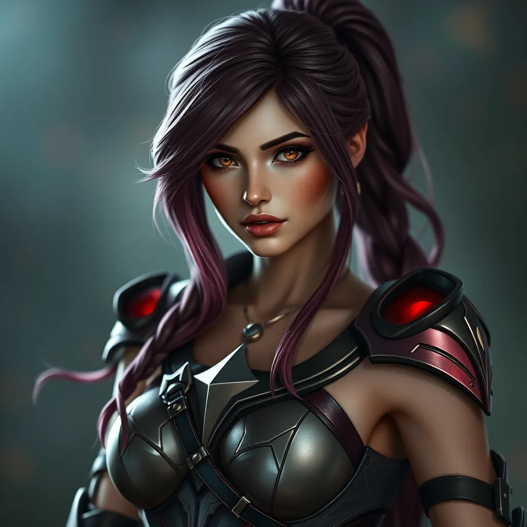 Alluring matte portrait of a beautiful Katarina from League of Legends in her battle suit