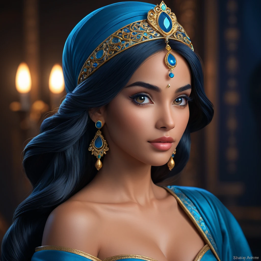 Matte portrait of the beautiful Princess Jasmine in dark blue