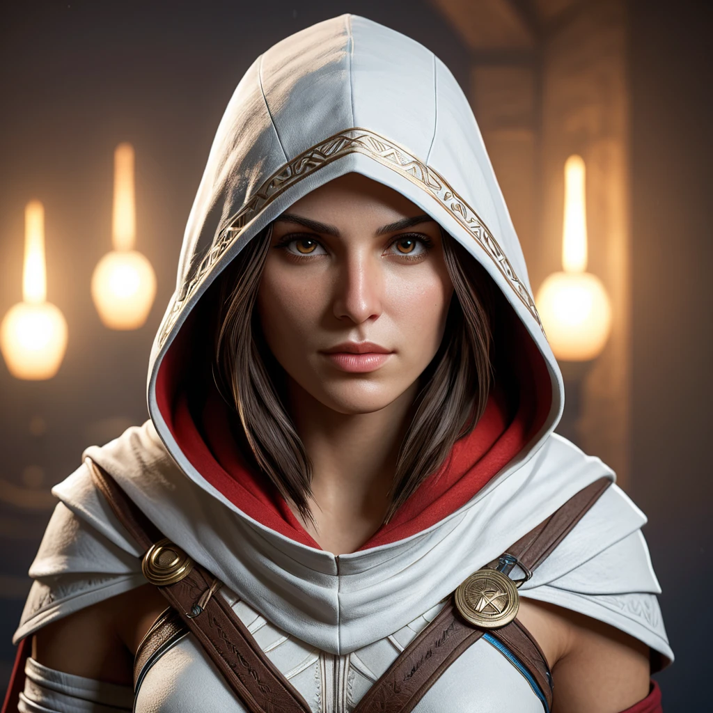 A beautiful Kassandra wearing a white hood in full Assassin's Creed style