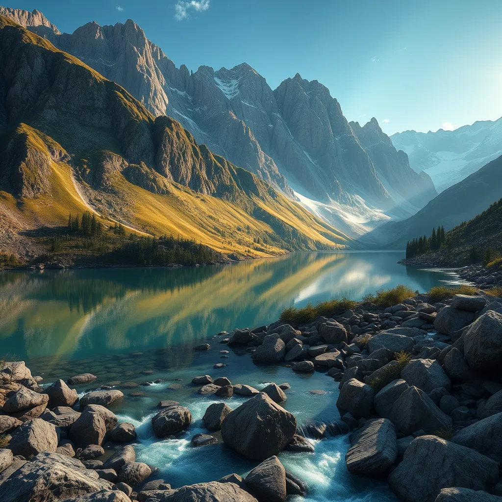 Lake in mountains streams and rivers flow down slopes of mountains and rocks into the valley spring in mountains