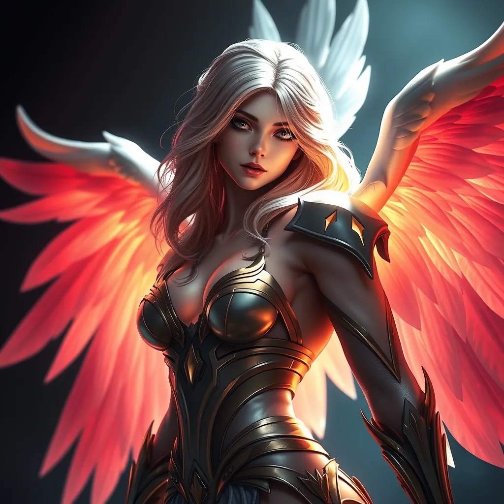 Alluring portrait of an angelic winged Kayle from League of Legends