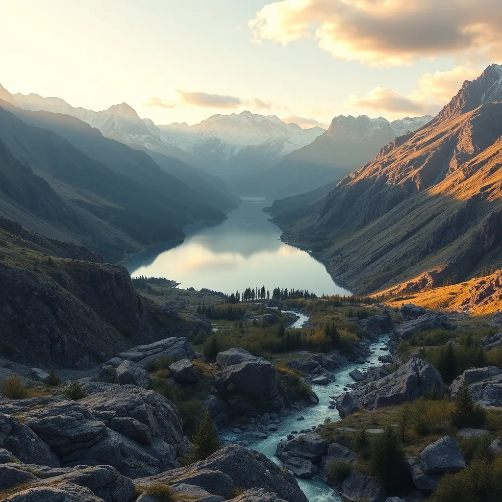 Lake in mountains streams and rivers flow down slopes of mountains and rocks into the valley spring in mountains