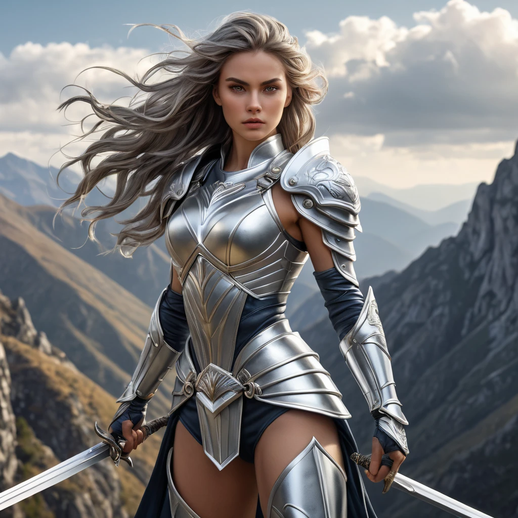 A fierce and fearless warrior in a silver leather armor set and wielding a sword stands atop a mountain peak, the wind whipping her hair and her eyes fixed on the horizon.