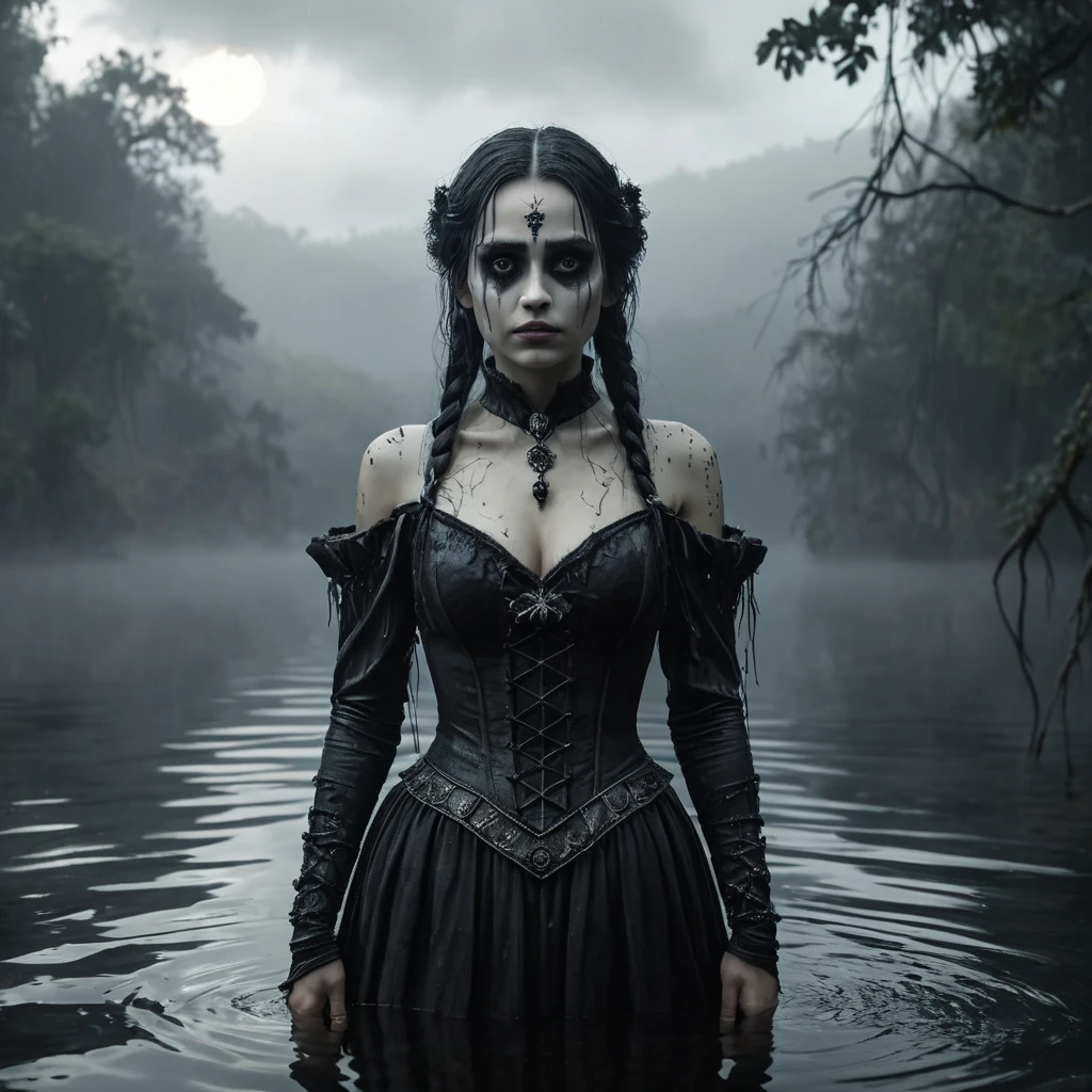 The frightening La Yorona with black eyes on her shoulder stands in a dark lake. Mist. Rain.