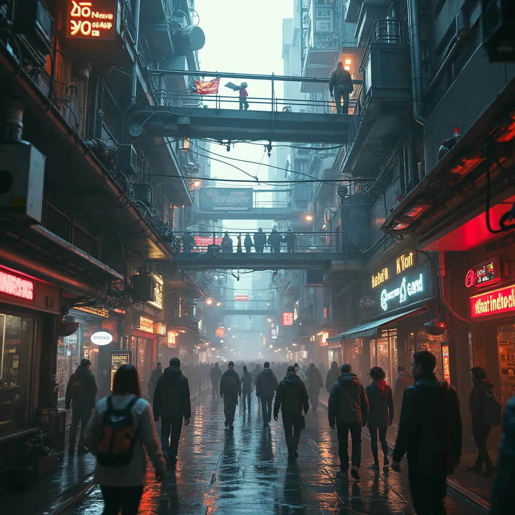 An amateur photo of a future cyberpunk world filled with activity and detail, conveying a sense of desperation and uncertainty