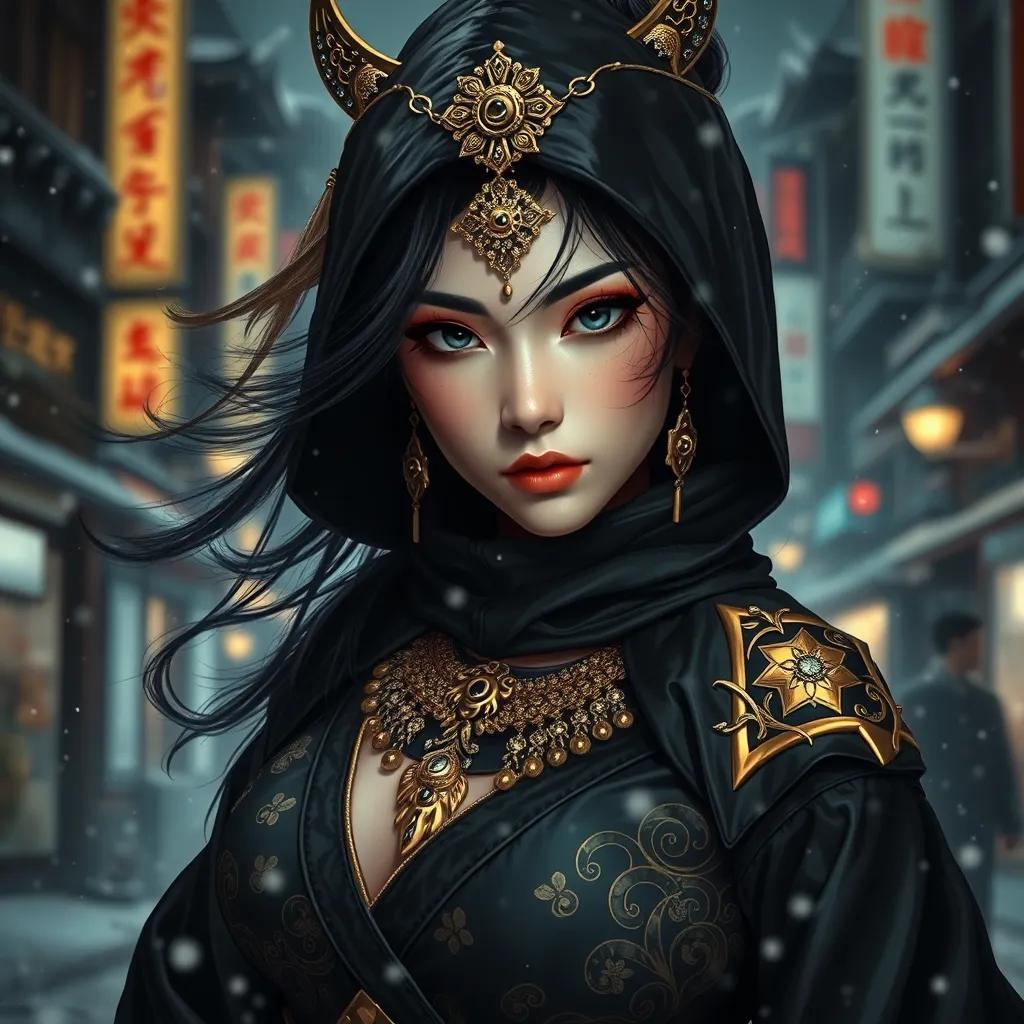 A mysterious beautiful black and gold kunoichi ninja wearing eyeliner and jewelery in the streets of a dark snowy town in tokyo, fluid motion