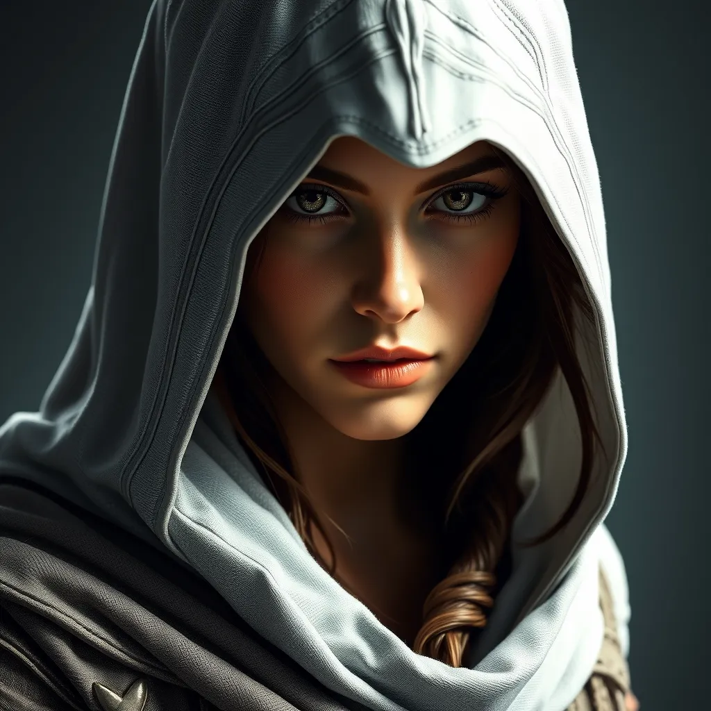 A beautiful Kassandra wearing a white hood in full Assassin's Creed style