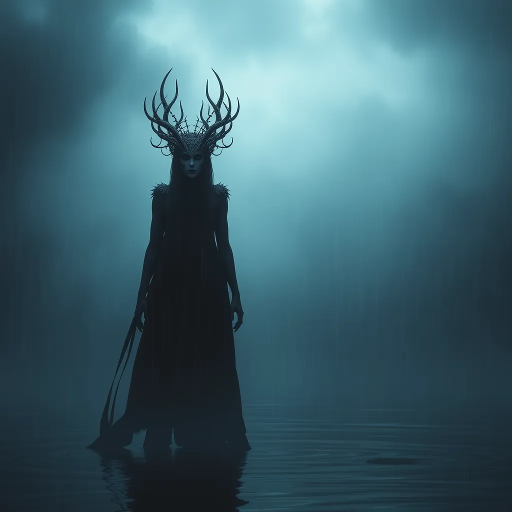 The frightening La Yorona with black eyes on her shoulder stands in a dark lake. Mist. Rain.