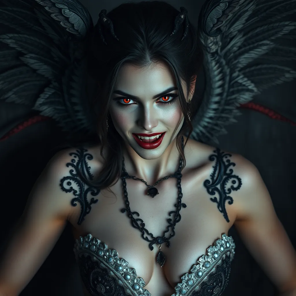 A beautiful winged romanian vampire woman with fangs, red eyes