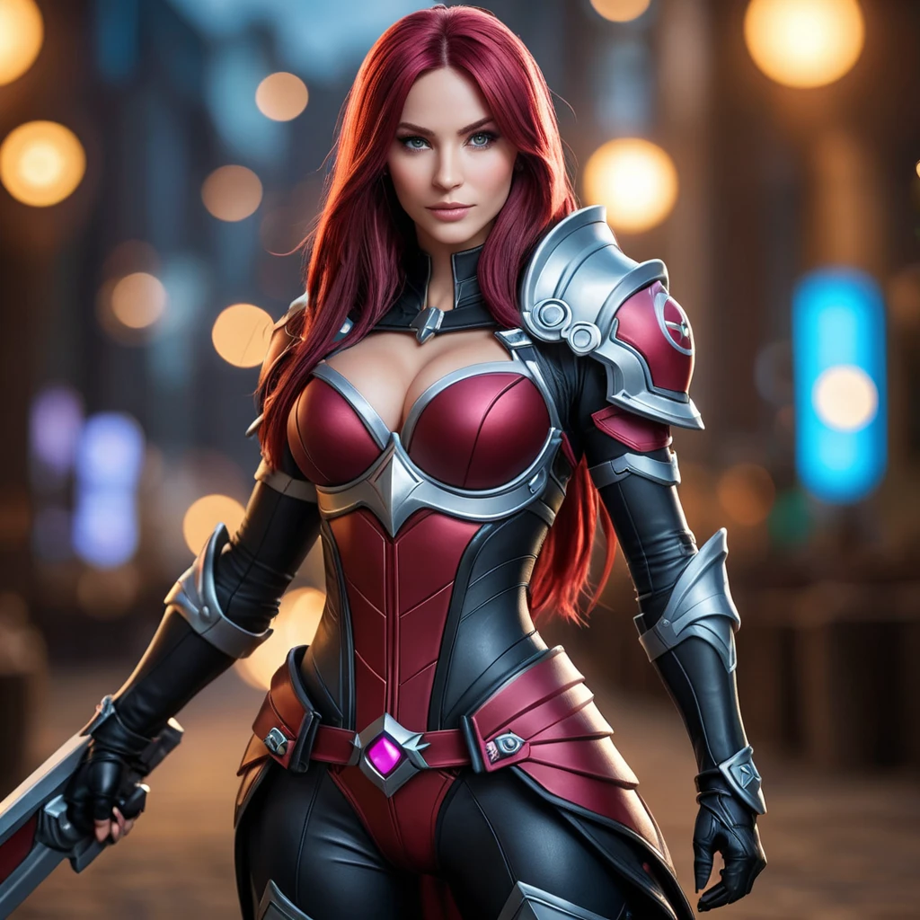 Alluring matte portrait of a beautiful Katarina from League of Legends in her battle suit