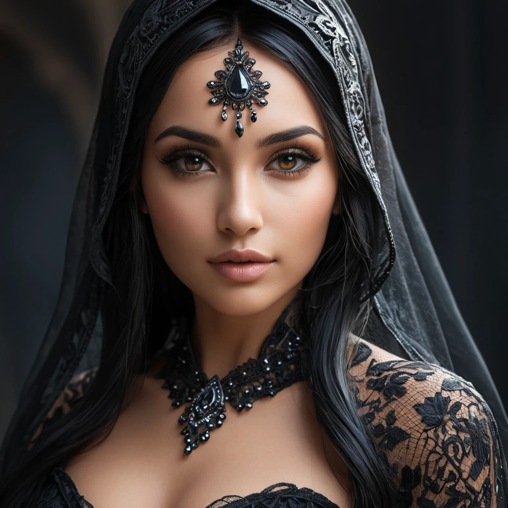 A beautiful veiled Nidalee wearing a lacy black veil, perfect face