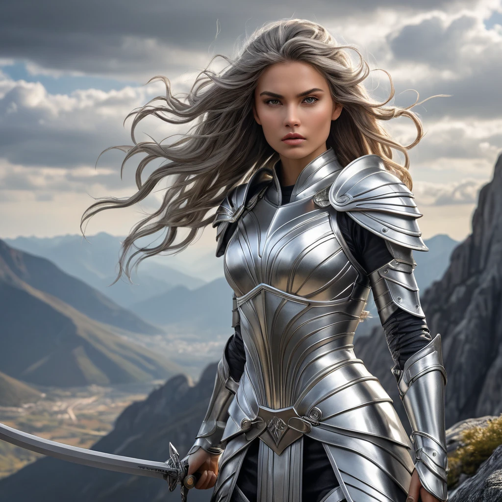 A fierce and fearless warrior in a silver leather armor set and wielding a sword stands atop a mountain peak, the wind whipping her hair and her eyes fixed on the horizon.