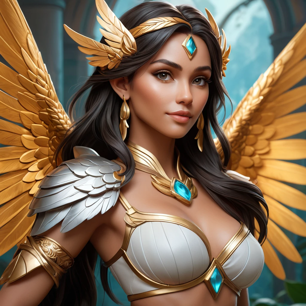 Alluring matte portrait of a beautiful Nidalee with wings