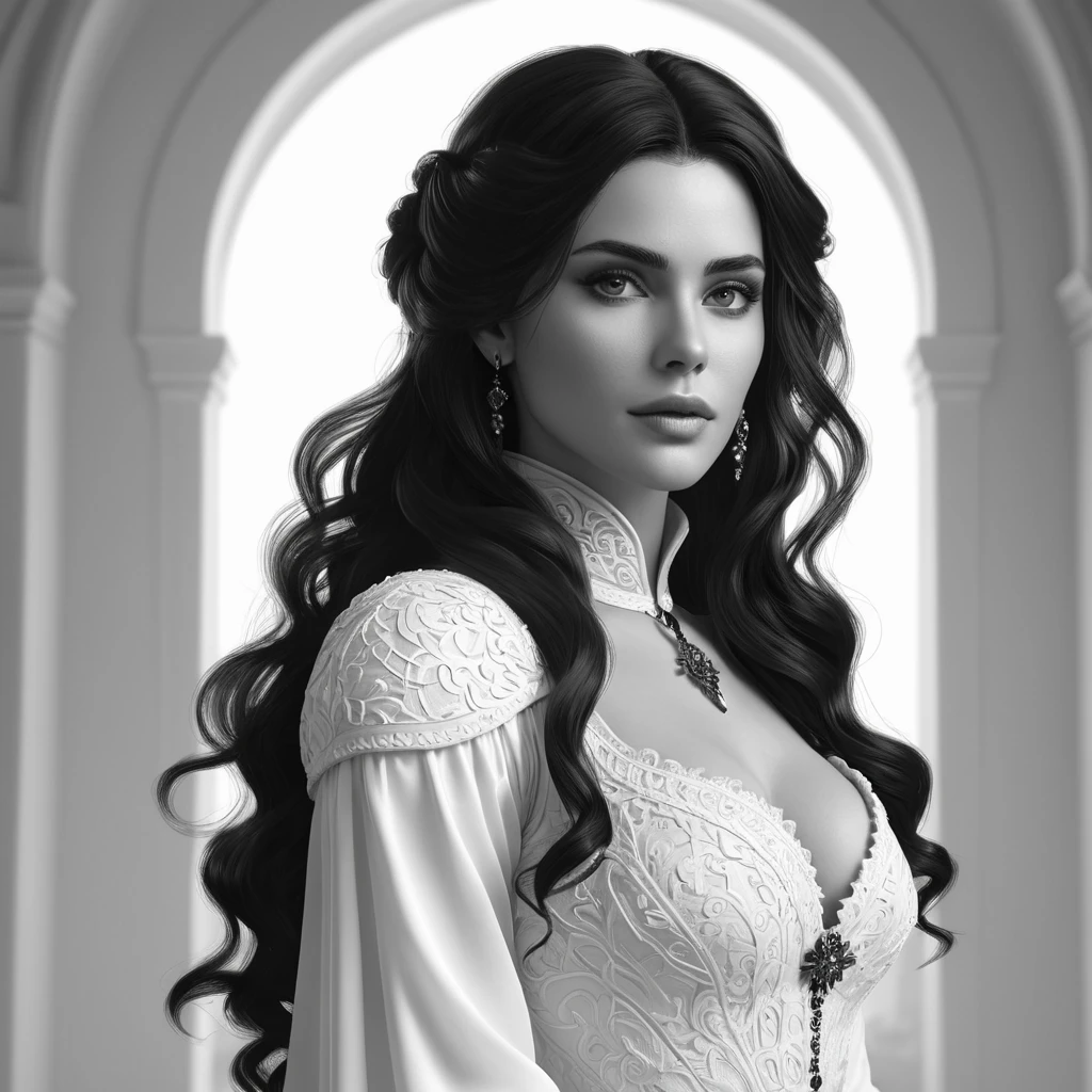 Alluring black and white matte portrait of a beautiful Yennefer with a white background in a white dress