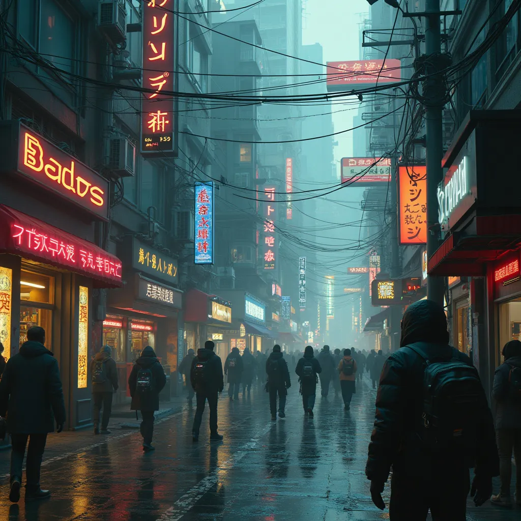 An amateur photo of a future cyberpunk world filled with activity and detail, conveying a sense of desperation and uncertainty