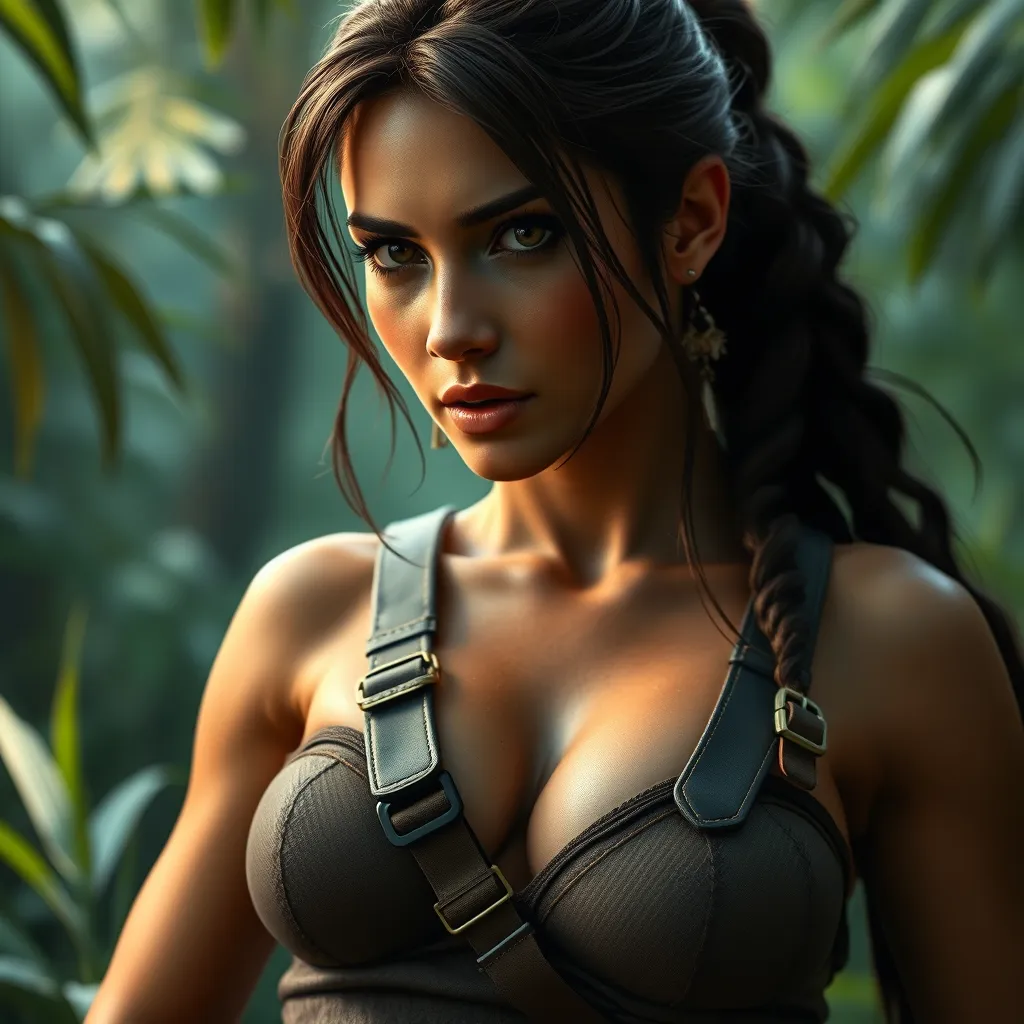 Alluring full body portrait of a beautiful Lara Croft in the jungle getting ready for battle