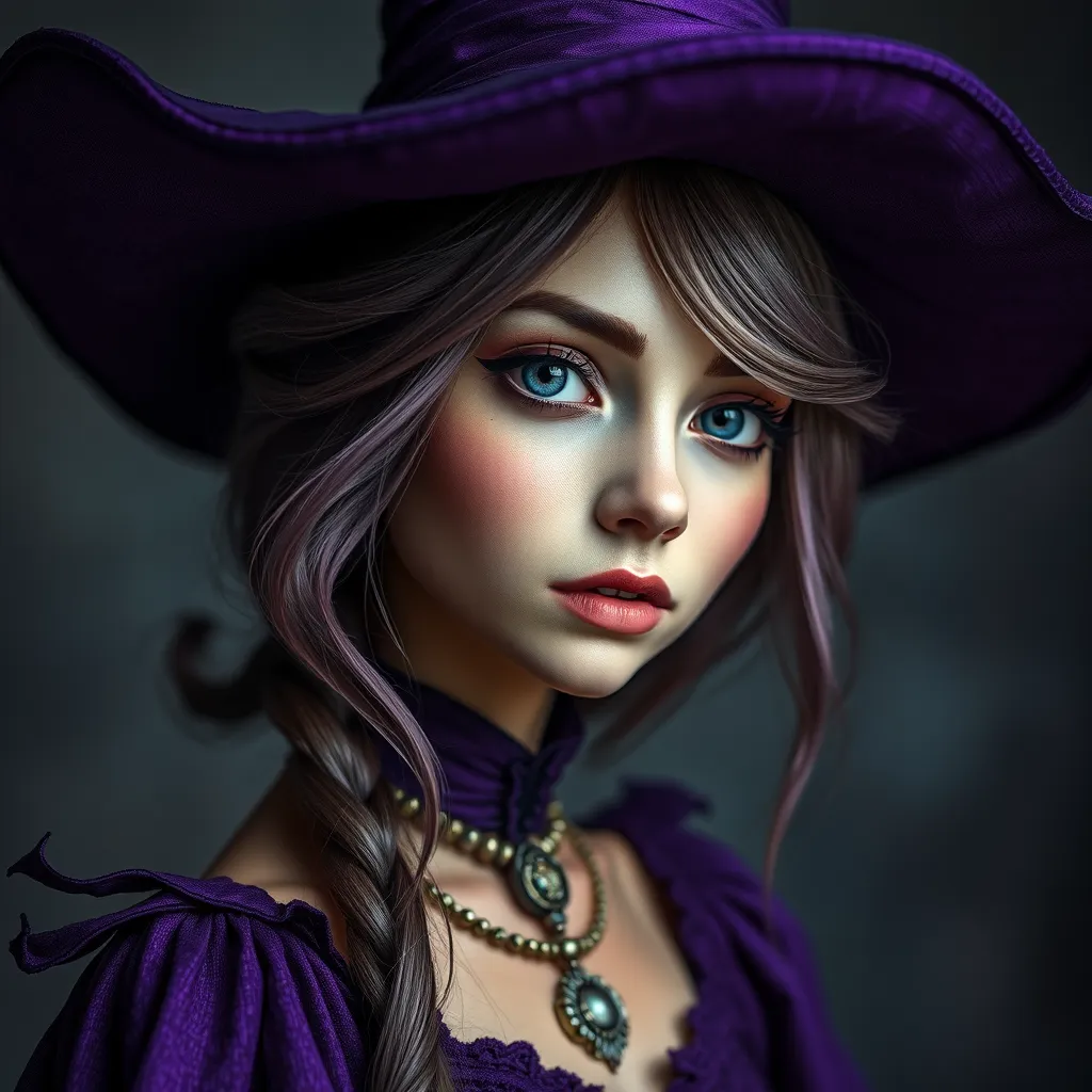 Matte portrait of a mysterious kiki the witch in purple