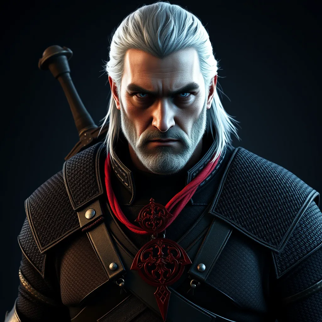 A full body matte portrait of Geralt in The Witcher 3 grey and red style wearing the Witcher medallion