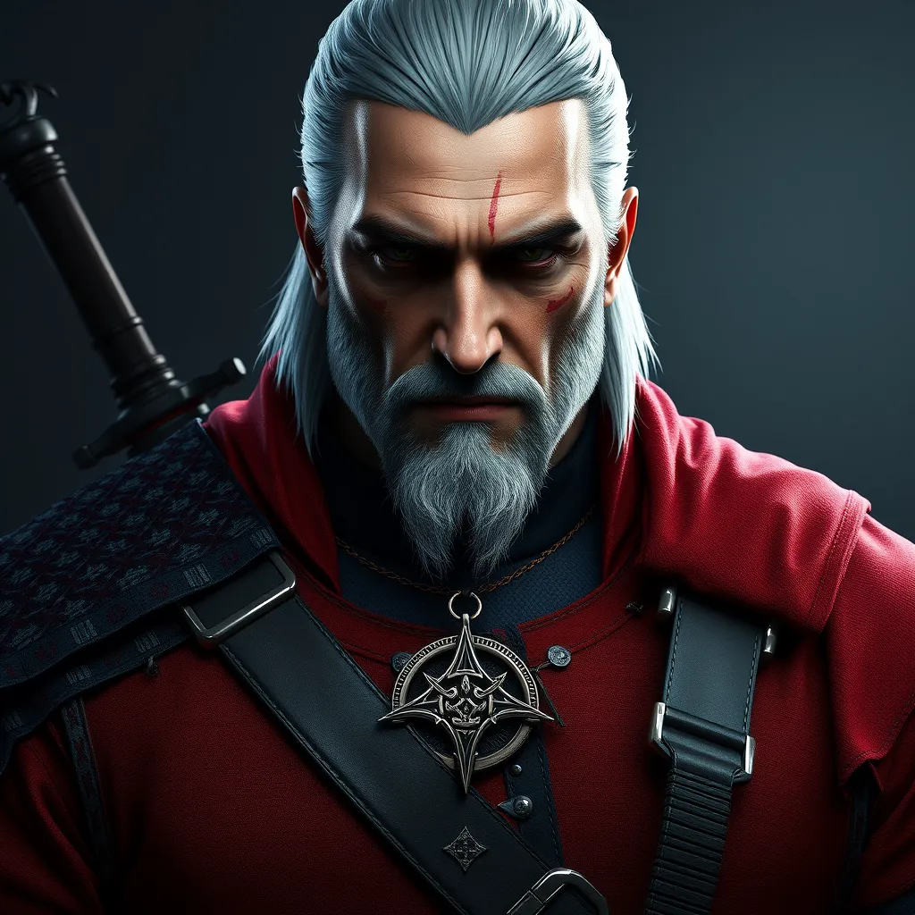 A full body matte portrait of Geralt in The Witcher 3 grey and red style wearing the Witcher medallion