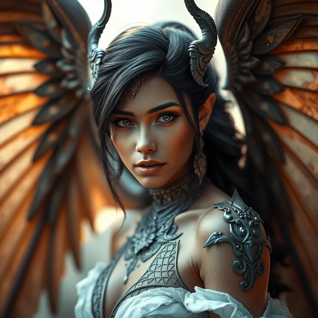 Alluring matte portrait of a beautiful Nidalee with wings