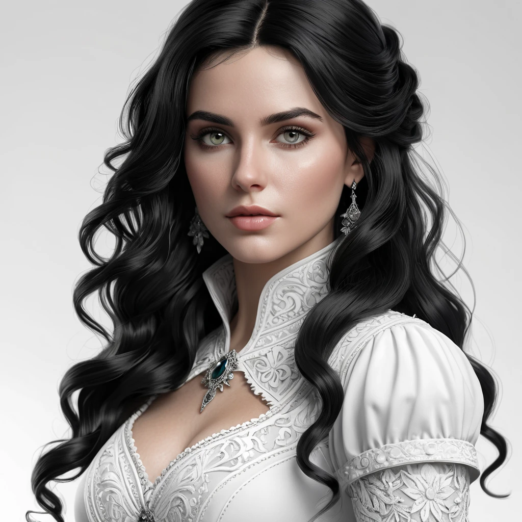 Alluring black and white matte portrait of a beautiful Yennefer with a white background in a white dress