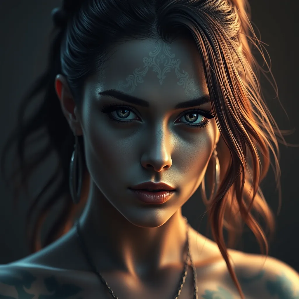 Matte portrait of Morgana with tattoos