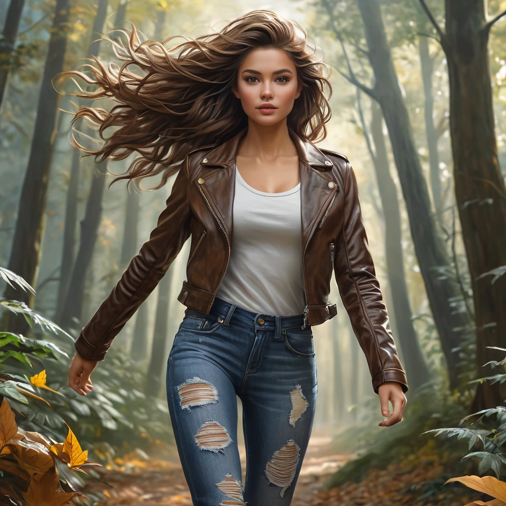 A strong and confident woman in a brown leather jacket and ripped jeans walks through a dense forest, her boots kicking up leaves and her hair blowing in the wind.