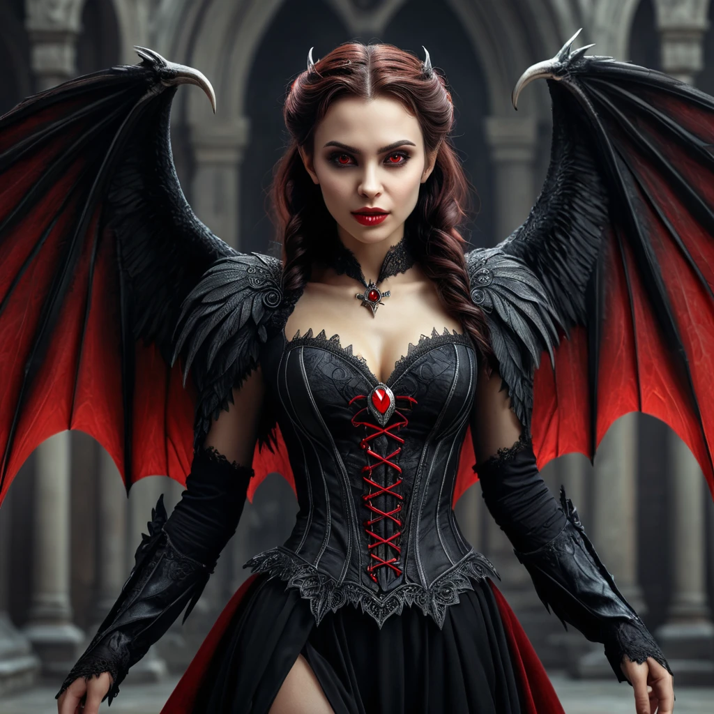 A beautiful winged romanian vampire woman with fangs, red eyes