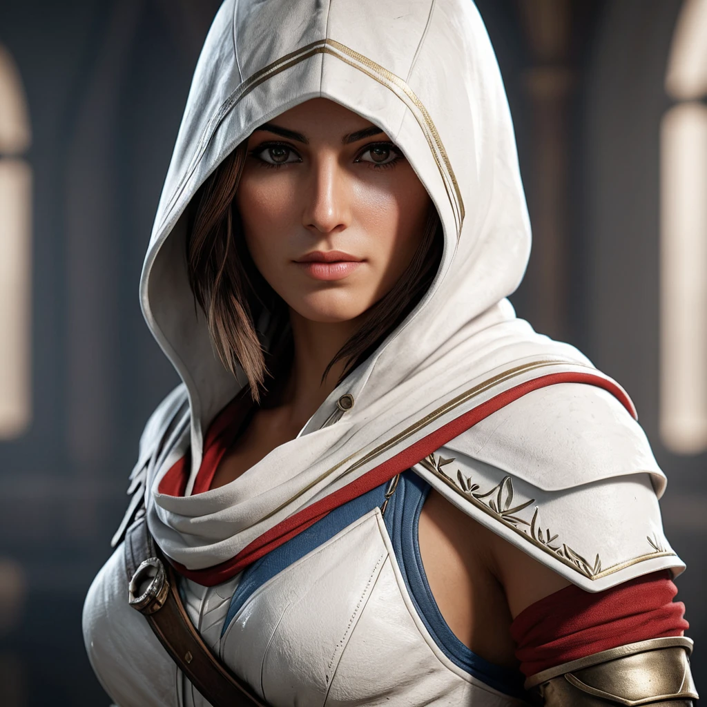 A beautiful Kassandra wearing a white hood in full Assassin's Creed style