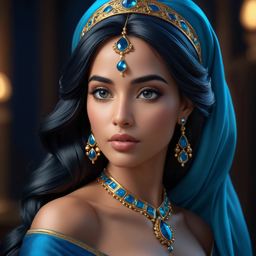 Matte portrait of the beautiful Princess Jasmine in dark blue