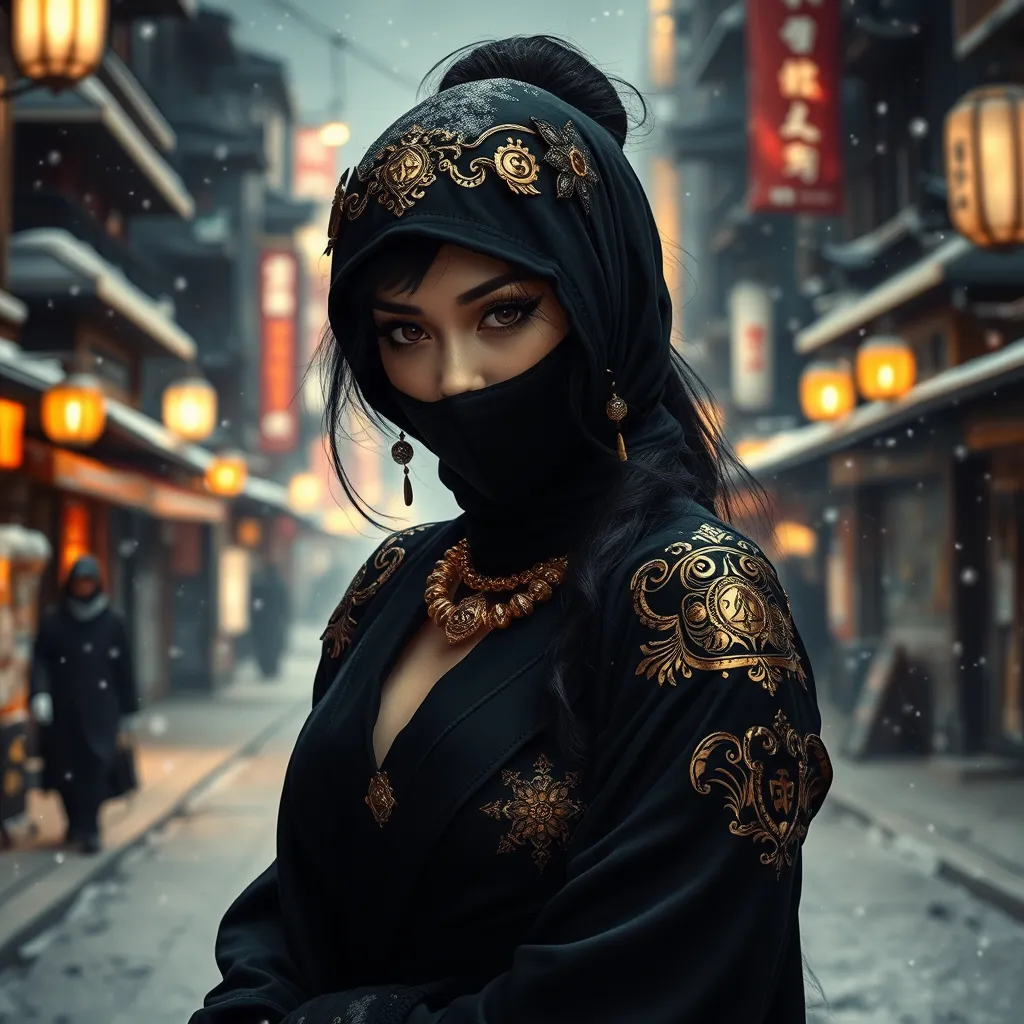 A mysterious beautiful black and gold kunoichi ninja wearing eyeliner and jewelery in the streets of a dark snowy town in tokyo, fluid motion