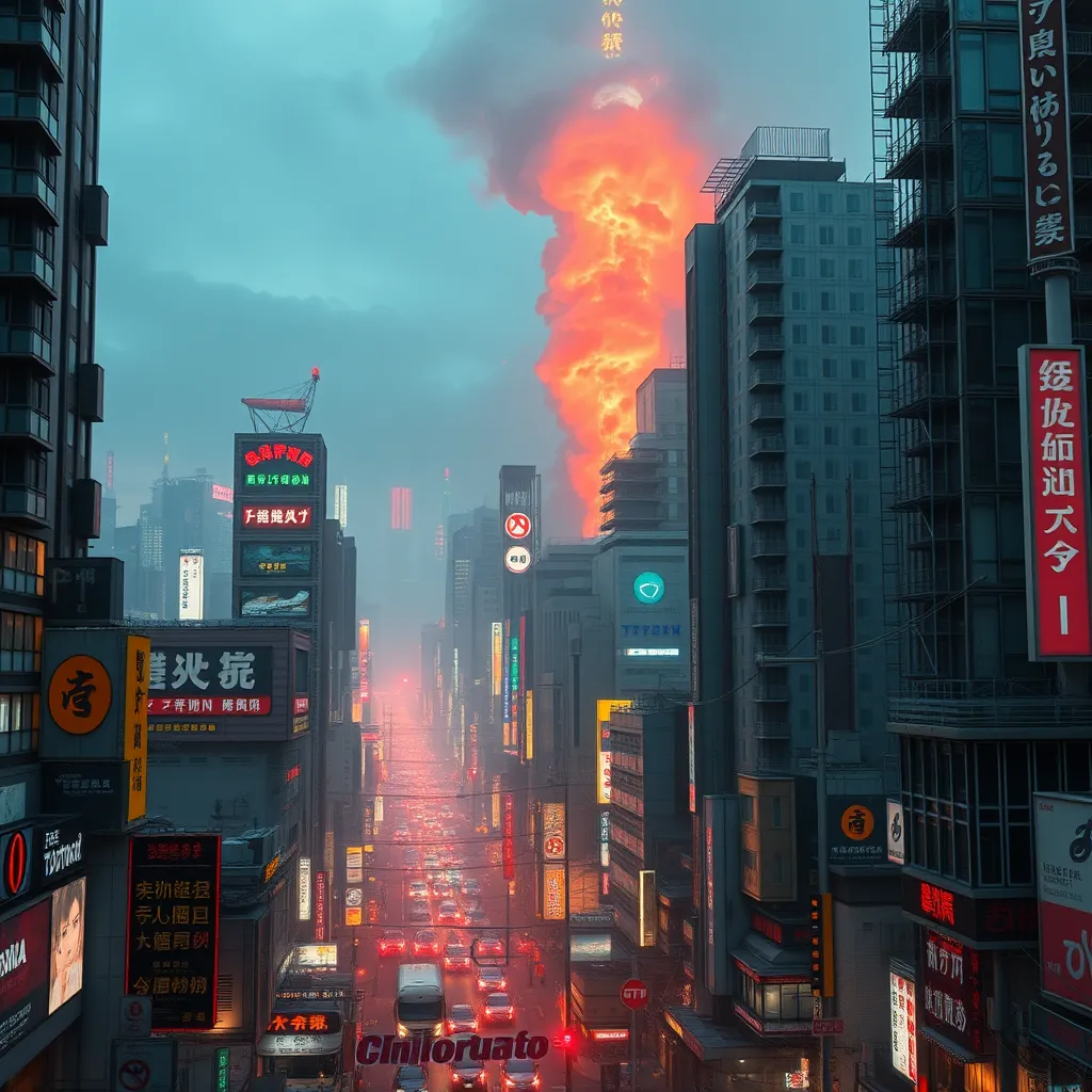 Neo-Tokyo from Akira, post-bubble Japan, showcasing a city rebuilt on the ashes of old Tokyo, similar to the real-life reconstruction of Tokyo post-WWII. 