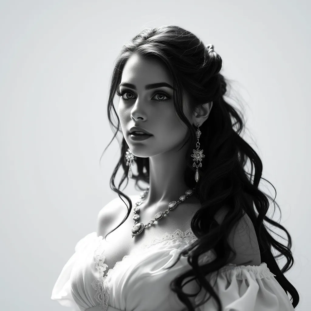 Alluring black and white matte portrait of a beautiful Yennefer with a white background in a white dress